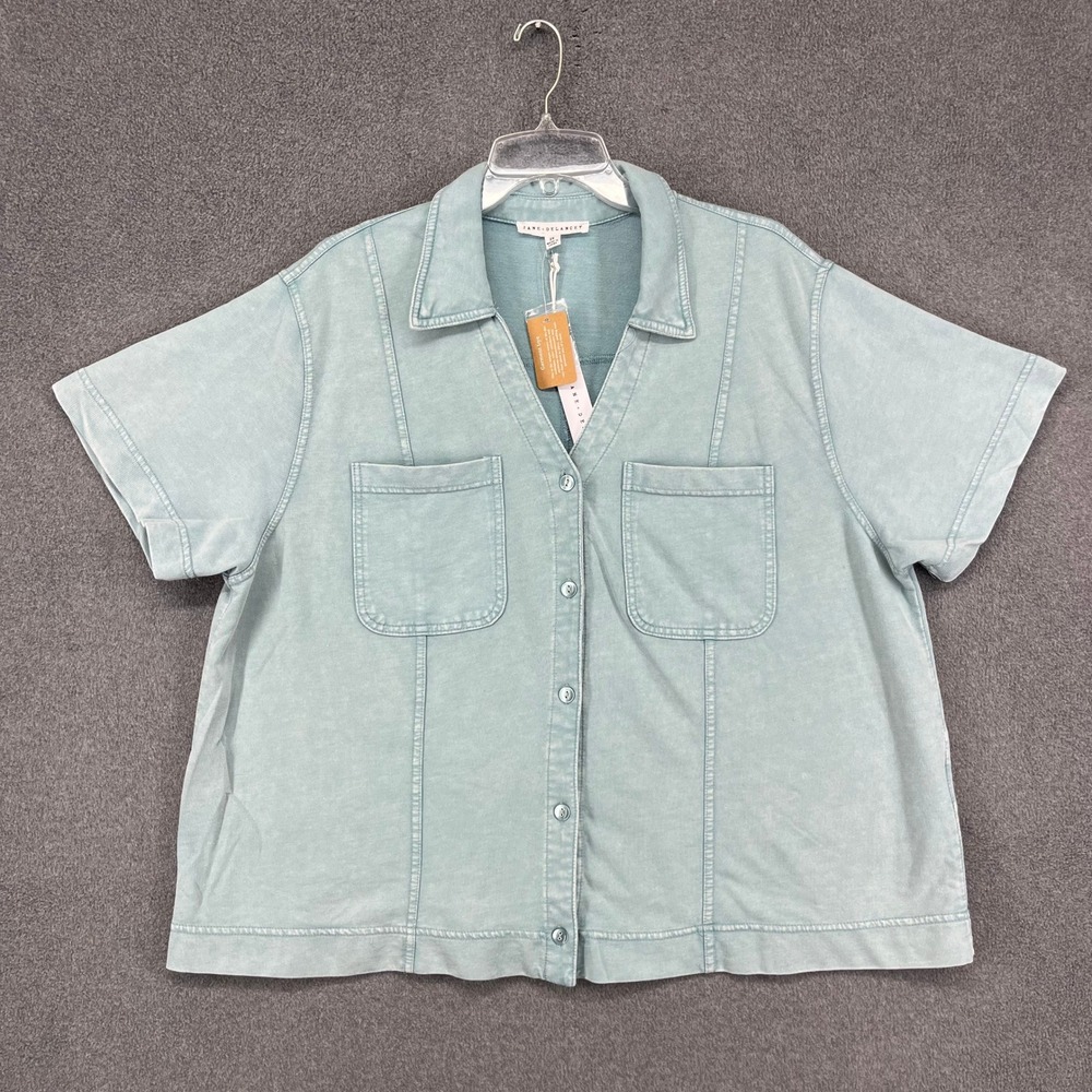 Jane + Delancey Button Down Top Womens 2X Teal Short Sleeve Garment Dye